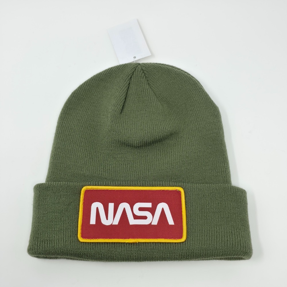 Mad Engine NASA Beanie Men One Size Olive Green Space Shuttle US‎ Flag Patches